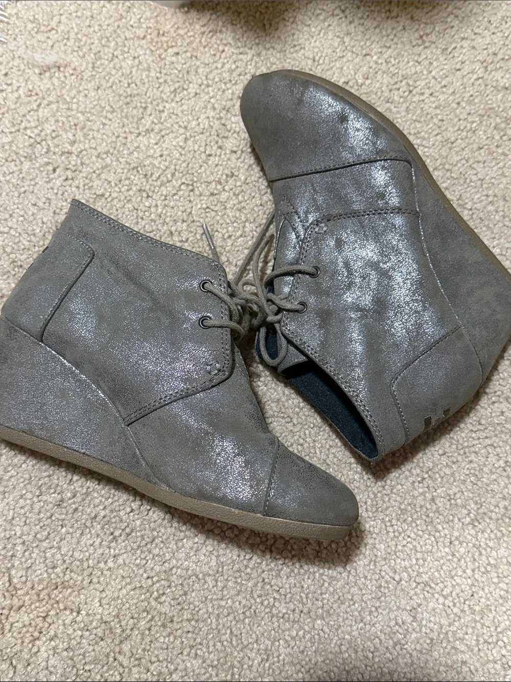 TOMS Metallic Lace Up Wedge Booties Boho Festival Shoes Size 8.5